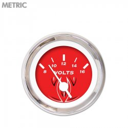 Volt Gauge - Metric Pinstripe Red, White Vintage Needles, Chrome Trim Rings - Part Number: GAR123ZMXNABAD