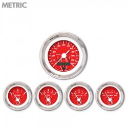 5 Gauge Set - Metric Pinstripe Red, White Vintage Needles, Chrome Trim Rings - Part Number: GAR123ZMXQABAD