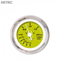 Turbo Gauge - Metric Pinstripe Gn, White Vintage Needles, Chrome Trim Rings - Part Number: GAR124ZMXMABAD