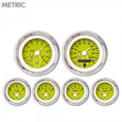 6 Gauge Set - Metric Pinstripe Gn, White Vintage Needles, Chrome Trim Rings - Part Number: GAR124ZMXRABAD