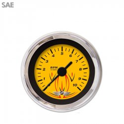 Tach Gauge w/ emblem Pinstripe Yellow, Black Vintage Needles, Chrome Trim Rings - Part Number: GAR125ZEAIABAC