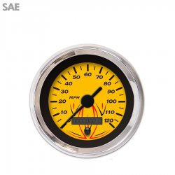 Speedo Gauge - SAE Pinstripe Yellow, Black Vintage Needles, Chrome Trim Rings - Part Number: GAR125ZEXHABAC