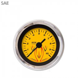 Tachometer Gauge - Pinstripe Yellow, Black Vintage Needles, Chrome Trim Rings - Part Number: GAR125ZEXIABAC