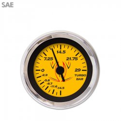 Turbo Gauge - SAE Pinstripe Yellow, Black Vintage Needles, Chrome Trim Rings - Part Number: GAR125ZEXMABAC