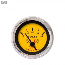 Volt Gauge - SAE Pinstripe Yellow, Black Vintage Needles, Chrome Trim Rings - Part Number: GAR125ZEXNABAC