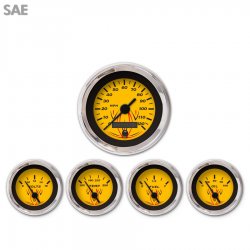5 Gauge Set - SAE Pinstripe Yellow, Black Vintage Needles, Chrome Trim Rings - Part Number: GAR125ZEXQABAC