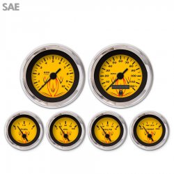 6 Gauge Set - SAE Pinstripe Yellow, Black Vintage Needles, Chrome Trim Rings - Part Number: GAR125ZEXRABAC