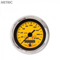 Speedo Gauge Metric Pinstripe Yellow, Black Vintage Needles, Chrome Trim Rings - Part Number: GAR125ZMXHABAC