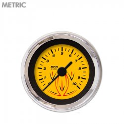 Tachometer Gauge - Pinstripe Yellow, Black Vintage Needles, Chrome Trim Rings - Part Number: GAR125ZMXIABAC