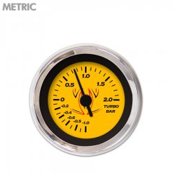 Turbo Gauge - Metric Pinstripe Yellow, Black Vintage Needles, Chrome Trim Rings - Part Number: GAR125ZMXMABAC