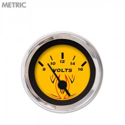 Volt Gauge - Metric Pinstripe Yellow, Black Vintage Needles, Chrome Trim Rings - Part Number: GAR125ZMXNABAC