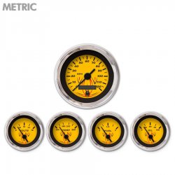 5 Gauge Set - Metric Pinstripe Yellow, Black Vintage Needles, Chrome Trim Rings - Part Number: GAR125ZMXQABAC