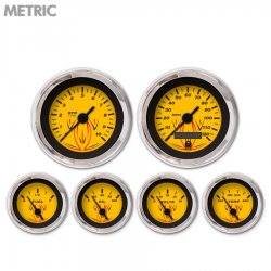 6 Gauge Set - Metric Pinstripe Yellow, Black Vintage Needles, Chrome Trim Rings - Part Number: GAR125ZMXRABAC