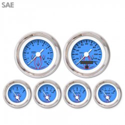 6 Gauge Set - SAE Pinstripe Bl, White Vintage Needles, Chrome Trim Rings - Part Number: GAR126ZEXRABAD