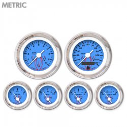 6 Gauge Set - Metric Pinstripe Bl, White Vintage Needles, Chrome Trim Rings - Part Number: GAR126ZMXRABAD