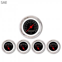 5 Gauge Set - SAE Competition Black, Red Vintage Needles, Chrome Trim Rings - Part Number: GAR127ZEXQABAE
