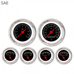6 Gauge Set - SAE Competition Black, Red Vintage Needles, Chrome Trim Rings - Part Number: GAR127ZEXRABAE