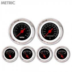 6 Ga. Set w/ emblem - Metric Comp Black, Rd Vintage Needles, Chrome Trim Rings - Part Number: GAR127ZMARABAE