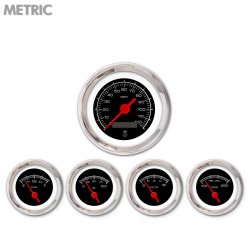 5 Gauge Set - Metric Competition Black, Red Vintage Needles, Chrome Trim Rings - Part Number: GAR127ZMXQABAE