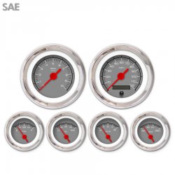 6 Gauge Set - SAE Competition Gry, Red Vintage Needles, Chrome Trim Rings - Part Number: GAR129ZEXRABAE