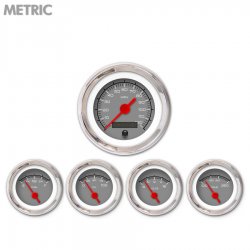 5 Gauge Set - Metric Competition Gry, Red Vintage Needles, Chrome Trim Rings - Part Number: GAR129ZMXQABAE