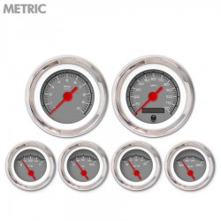 6 Gauge Set - Metric Competition Gry, Red Vintage Needles, Chrome Trim Rings - Part Number: GAR129ZMXRABAE