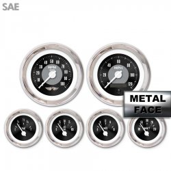 6 Ga. Set w/ emblem Amer Classic~Black Face, White Mod Nedl, Chrome Bezels - Part Number: GAR12ZEARABCD