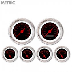 6 Ga. Set - Metric Comp Rd Text, Black, Rd Vintage Needles, Chrome Trim Rings - Part Number: GAR130ZMXRABAE