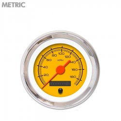 Speedo Gauge - Metric Competition Yellow, Org Vintage Needles, Chrome Trim Ring - Part Number: GAR131ZMXHABAH