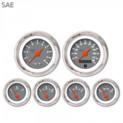 6 Gauge Set w/ emblem - SAE Marker Gray, Org Vintage Needles, Chrome Trim Ring - Part Number: GAR134ZEARABAH