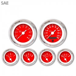 6 Gauge Set - SAE Marker Red, White Vintage Needles, Chrome Trim Rings - Part Number: GAR135ZEXRABAD