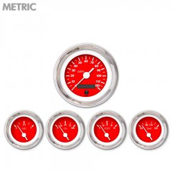 5 Gauge Set - Metric Marker Red, White Vintage Needles, Chrome Trim Rings - Part Number: GAR135ZMXQABAD