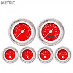 6 Gauge Set - Metric Marker Red, White Vintage Needles, Chrome Trim Rings - Part Number: GAR135ZMXRABAD