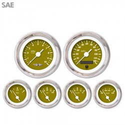 6 Gauge Set w/ emblem - SAE Marker Gn, White Vintage Needles, Chrome Trim Rings - Part Number: GAR136ZEARABAD