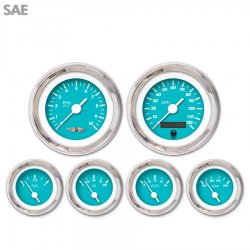 6 Gauge Set w/ emblem - SAE Marker Aqua, Wht Vintage Needles, Chrome Trim Rings - Part Number: GAR137ZEARABAD