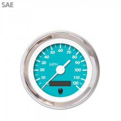 Speedo Gauge - SAE Marker Aqua, White Vintage Needles, Chrome Trim Rings - Part Number: GAR137ZEXHABAD