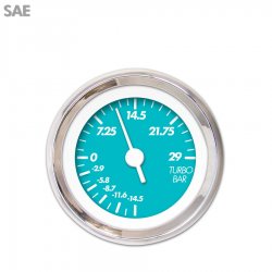 Turbo Gauge - SAE Marker Aqua, White Vintage Needles, Chrome Trim Rings - Part Number: GAR137ZEXMABAD