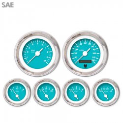 6 Gauge Set - SAE Marker Aqua, White Vintage Needles, Chrome Trim Rings - Part Number: GAR137ZEXRABAD