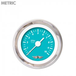 Tach Gauge w/ emblem - Marker Aqua, White Vintage Needles, Chrome Trim Rings - Part Number: GAR137ZMAIABAD