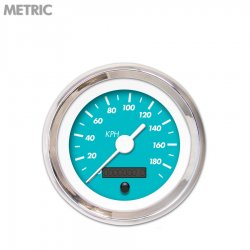 Speedo Gauge - Metric Marker Aqua, White Vintage Needles, Chrome Trim Rings - Part Number: GAR137ZMXHABAD