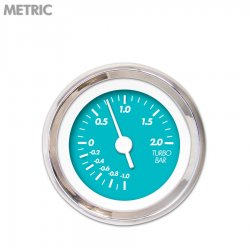 Turbo Gauge - Metric Marker Aqua, White Vintage Needles, Chrome Trim Rings - Part Number: GAR137ZMXMABAD