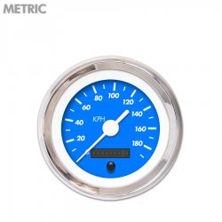 Speedo Gauge - Metric Marker Bl, White Vintage Needles, Chrome Trim Rings - Part Number: GAR138ZMXHABAD