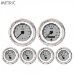 6 Gauge Set w/ emblem Metric Omega Gry, Black Modern Needles, Chrome Trim Rings - Part Number: GAR139ZMARABCC