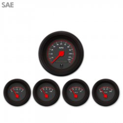 5 Gauge Set - SAE Omega Black, Red Modern Needles, Black Trim Rings - Part Number: GAR140ZEXQACCE