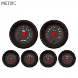 6 Gauge Set w/ emblem Metric Omega Black, Red Modern Needles, Black Trim Rings - Part Number: GAR140ZMARACCE