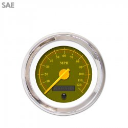 Speedo Gauge - SAE Omega Olive, Yellow Modern Needles, Chrome Trim Rings - Part Number: GAR141ZEXHABCI
