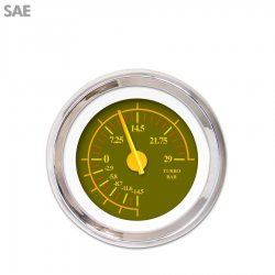 Turbo Gauge - SAE Omega Olive, Yellow Modern Needles, Chrome Trim Rings - Part Number: GAR141ZEXMABCI