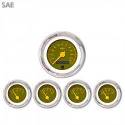 5 Gauge Set - SAE Omega Olive, Yellow Modern Needles, Chrome Trim Rings - Part Number: GAR141ZEXQABCI