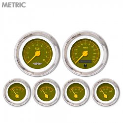 6 Ga. Set w/ emblem - Metric Omega Olive, Yellow Mod Needles, Chrome Trim Rings - Part Number: GAR141ZMARABCI