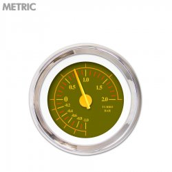 Turbo Gauge - Metric Omega Olive, Yellow Modern Needles, Chrome Trim Rings - Part Number: GAR141ZMXMABCI
